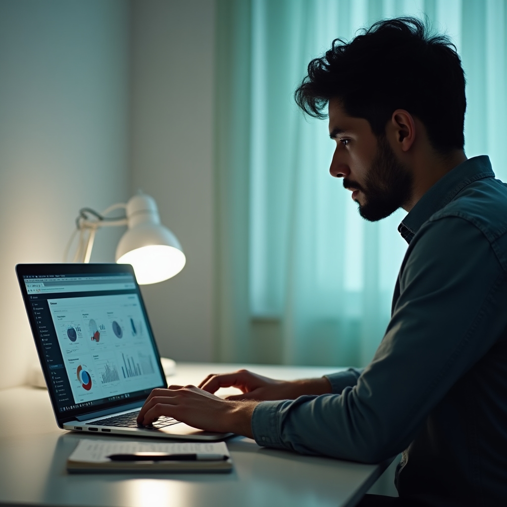 Person at a desk reviewing multiple report tabs on a laptop with a notebook and coffee cup nearby