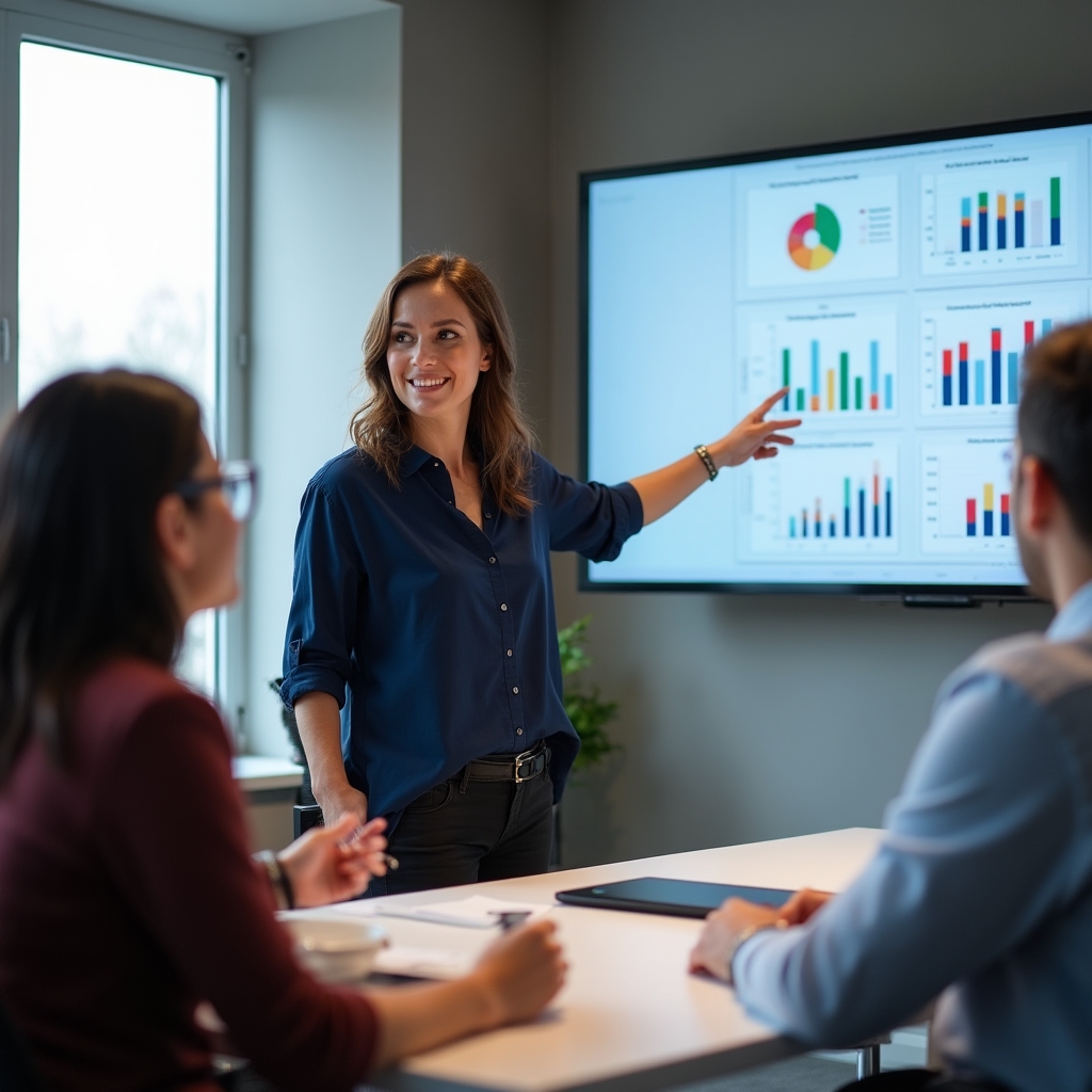 Woman presenting a dashboard on a large screen to colleagues seated around a meeting table