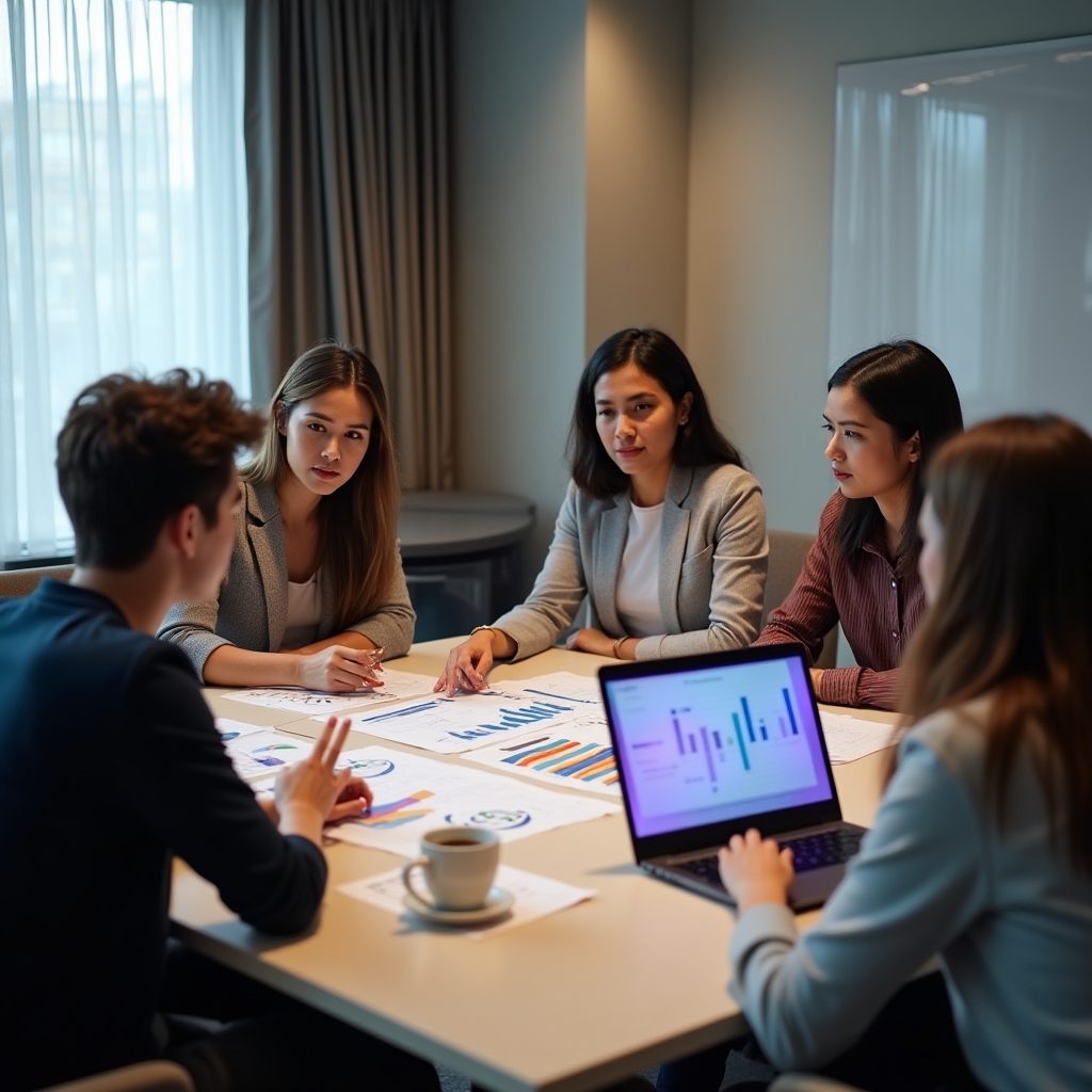 Small group of colleagues from different departments discussing a printed report around a table